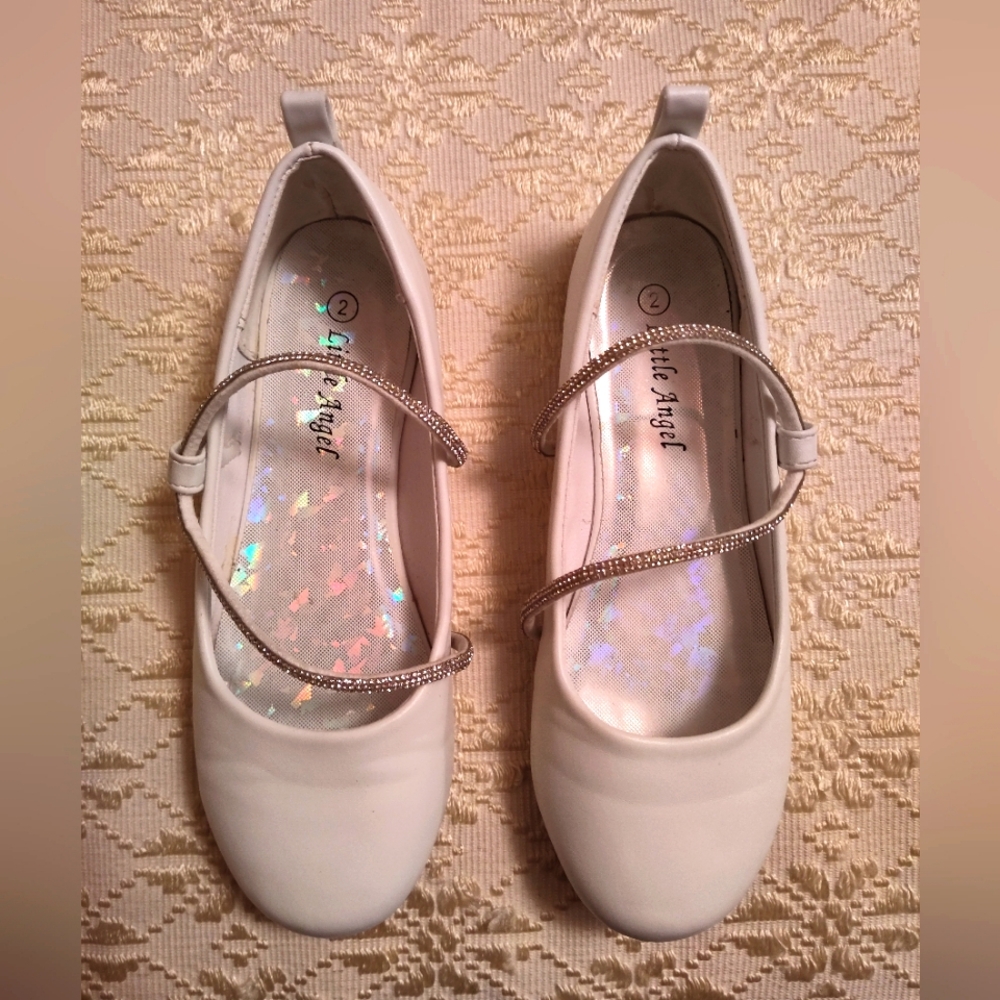 Girls Little Angel white patent leather with rhinestone straps